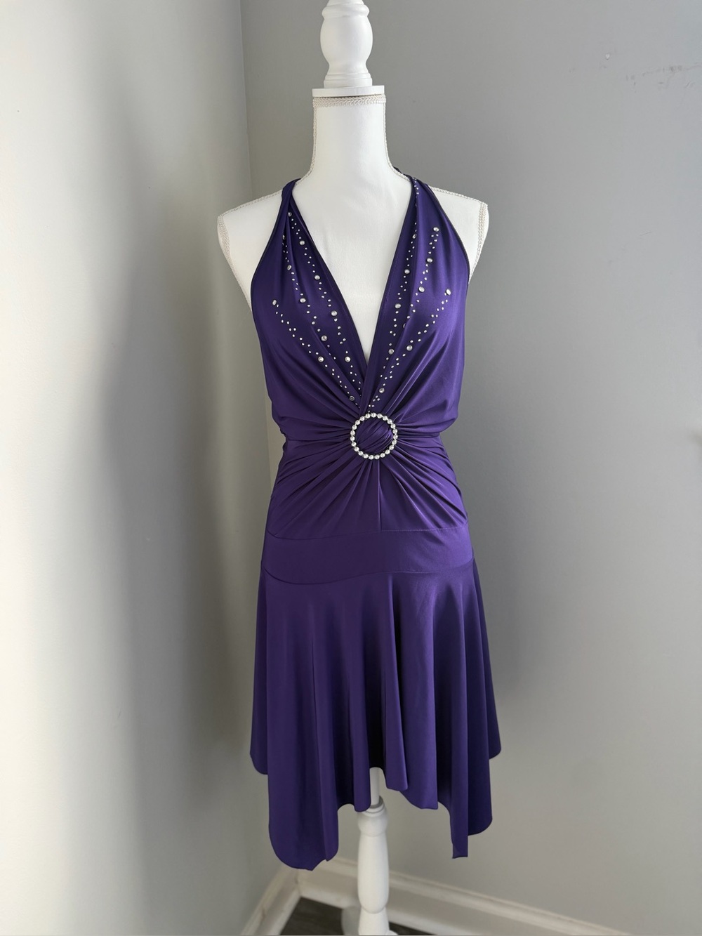 Purple Halter Backless Dress with Crystal Ring Detail